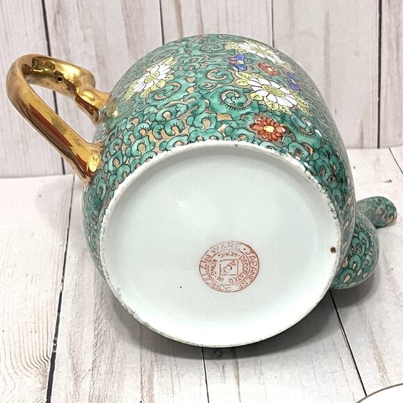 Vintage A.C.F. Mid Century Japanese Porcelain Tea Set Green Floral Gold Enamel - Picture 10 of 16